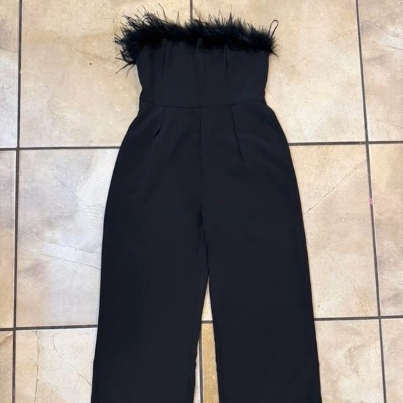 Pants - Chic Black Feather-Trim Jumpsuit